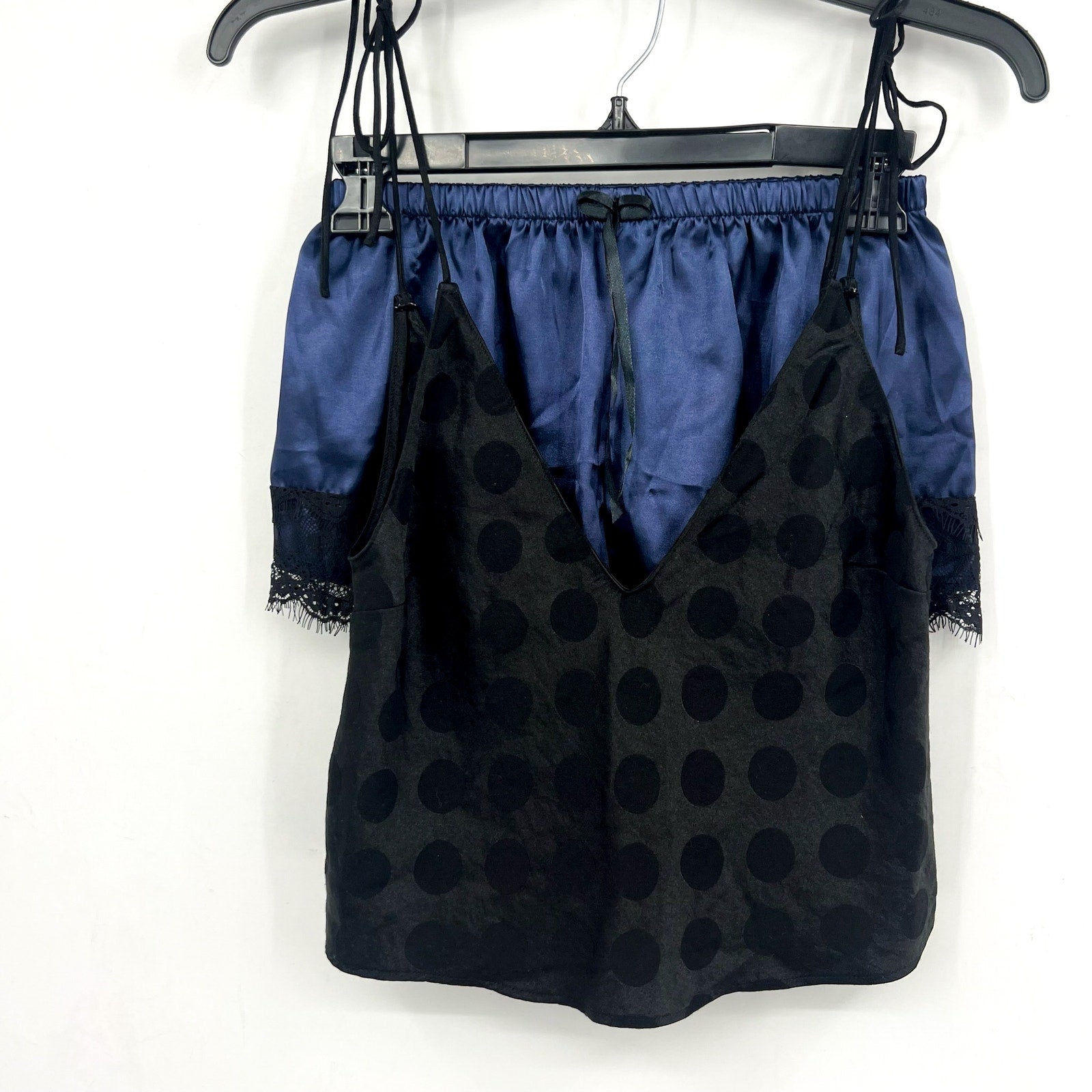 VICTORIA'S SECRET Polka Dot Satin Cami & Shorts Set XS Black Blue Lace Trim NWOT