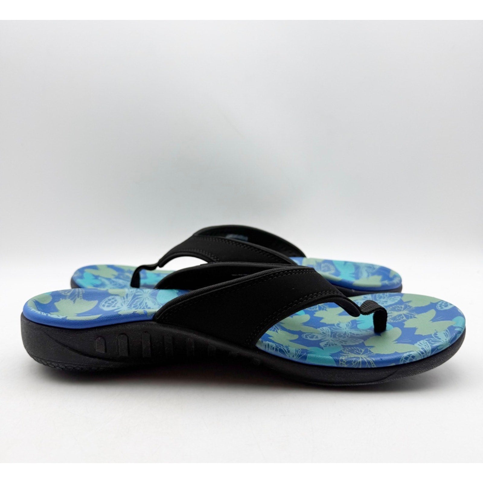 Spenco Women's Yumi Butterfly Sandals Size 8 WIDE Blue Black Flip Flop NWT
