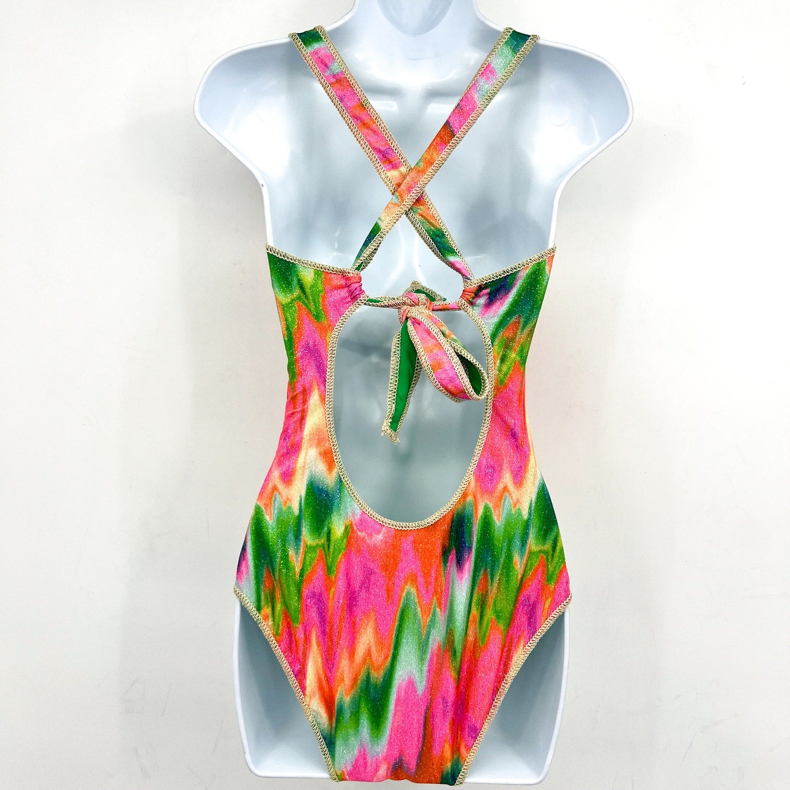 BECCA Women's Mirage Metallic One-Piece Swimsuit Medium Pink Green Lace-Up NWOT