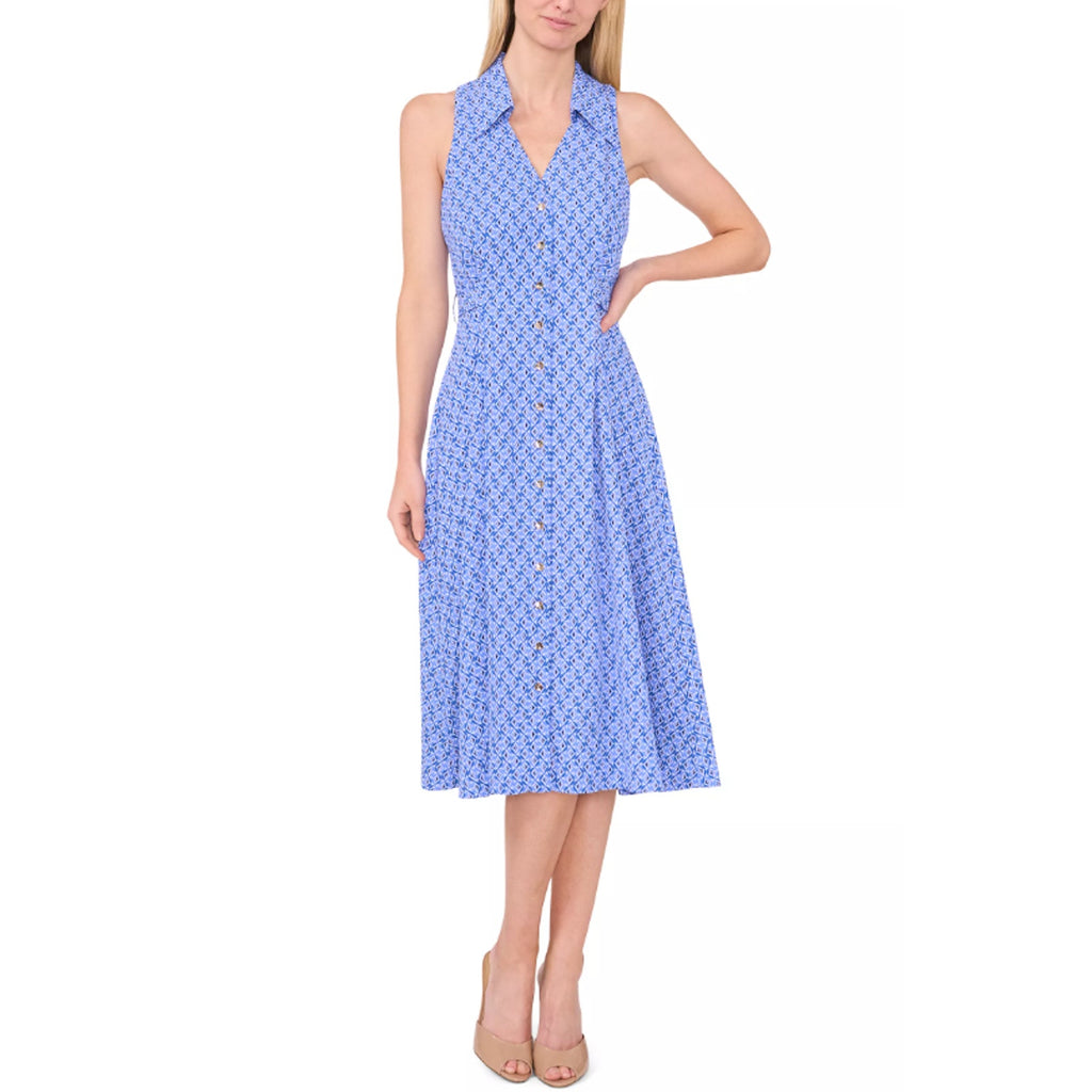 CECE Midi Shirt Dress Size 6 Blue Print Sleeveless V-Neck Belted Waist NWT