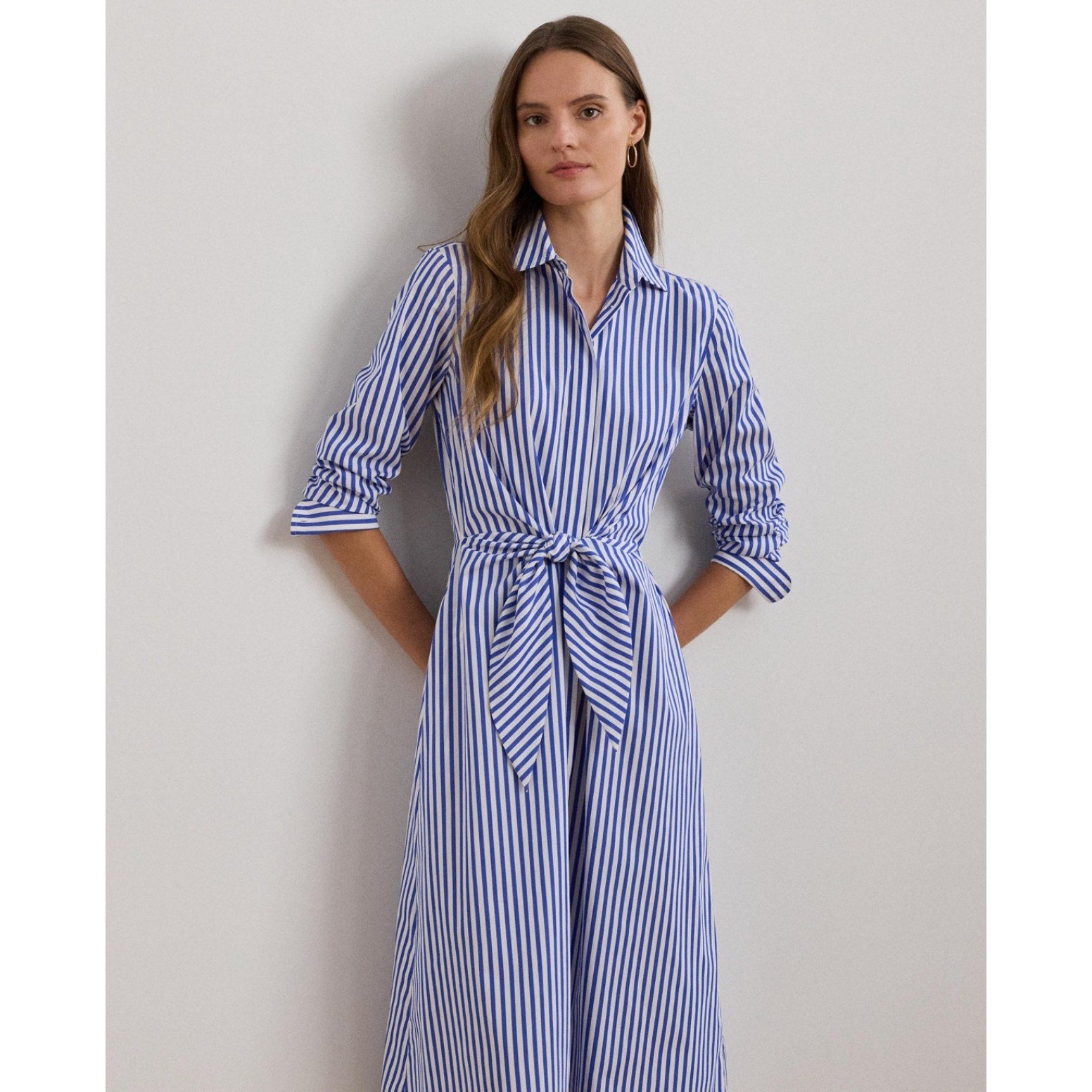 LAUREN RALPH LAUREN Kahwell Shirt Dress Size 10 Blue White Stripe Tie Waist NWT