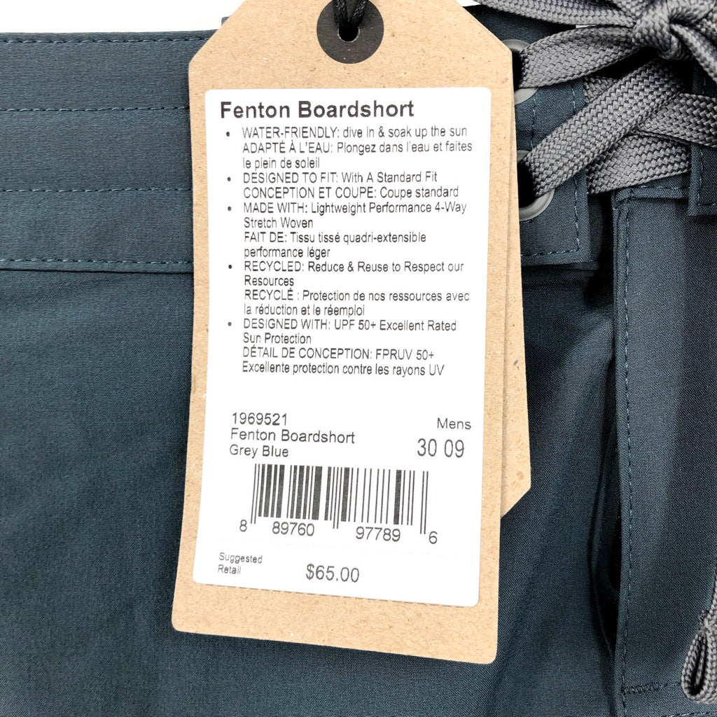 PRANA Men's Fenton Board Shorts Size 30 Grey Blue 9" Inseam Drawcord Swim NWT