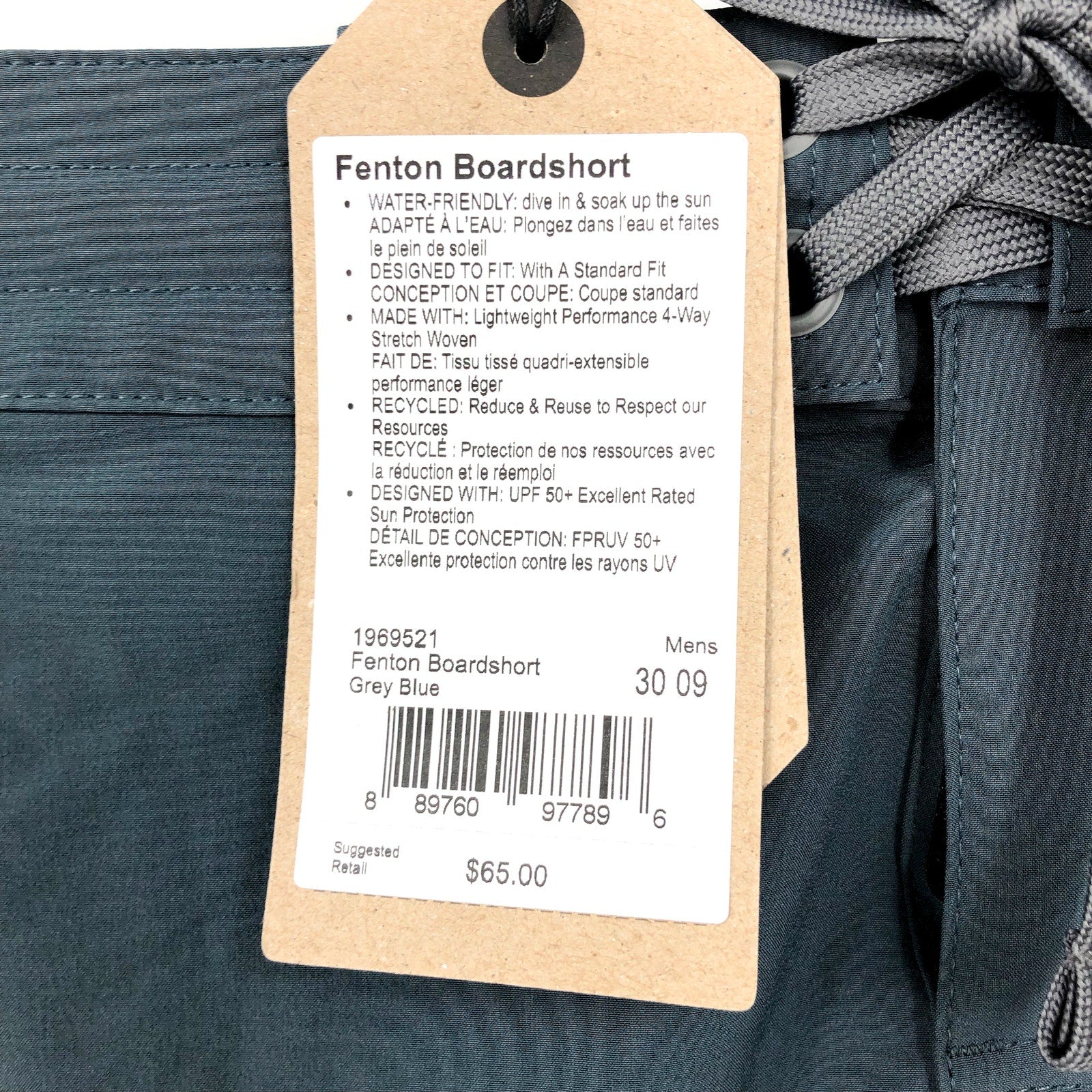 PRANA Men's Fenton Board Shorts Size 30 Grey Blue 9" Inseam Drawcord Swim NWT