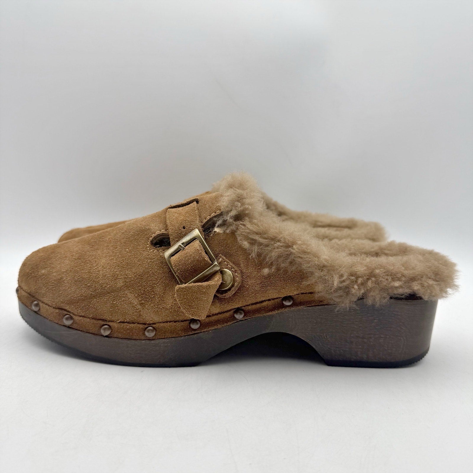 RE/DONE Womens 70s Studded Clogs EU 40 US 10 Cognac Brown Suede Shearling NWOB