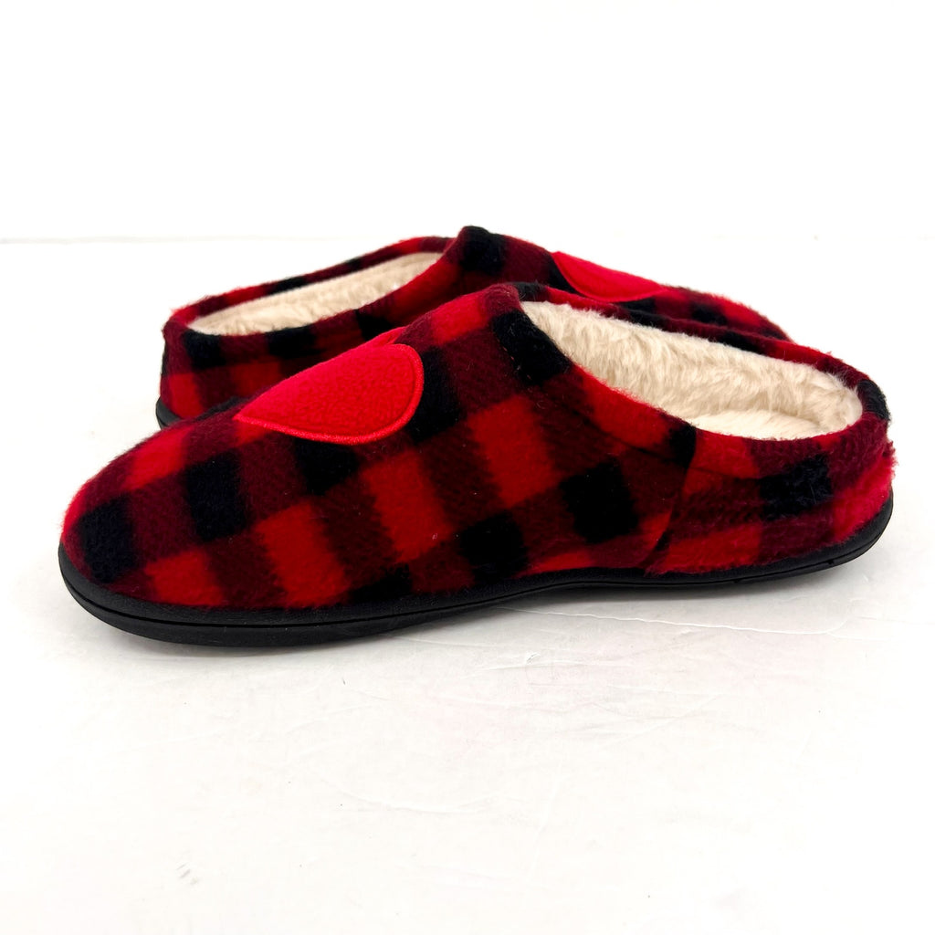 COLDWATER CREEK Women's Faux Fur Heart Slip On Clogs 10M Red Buffalo Plaid NIB