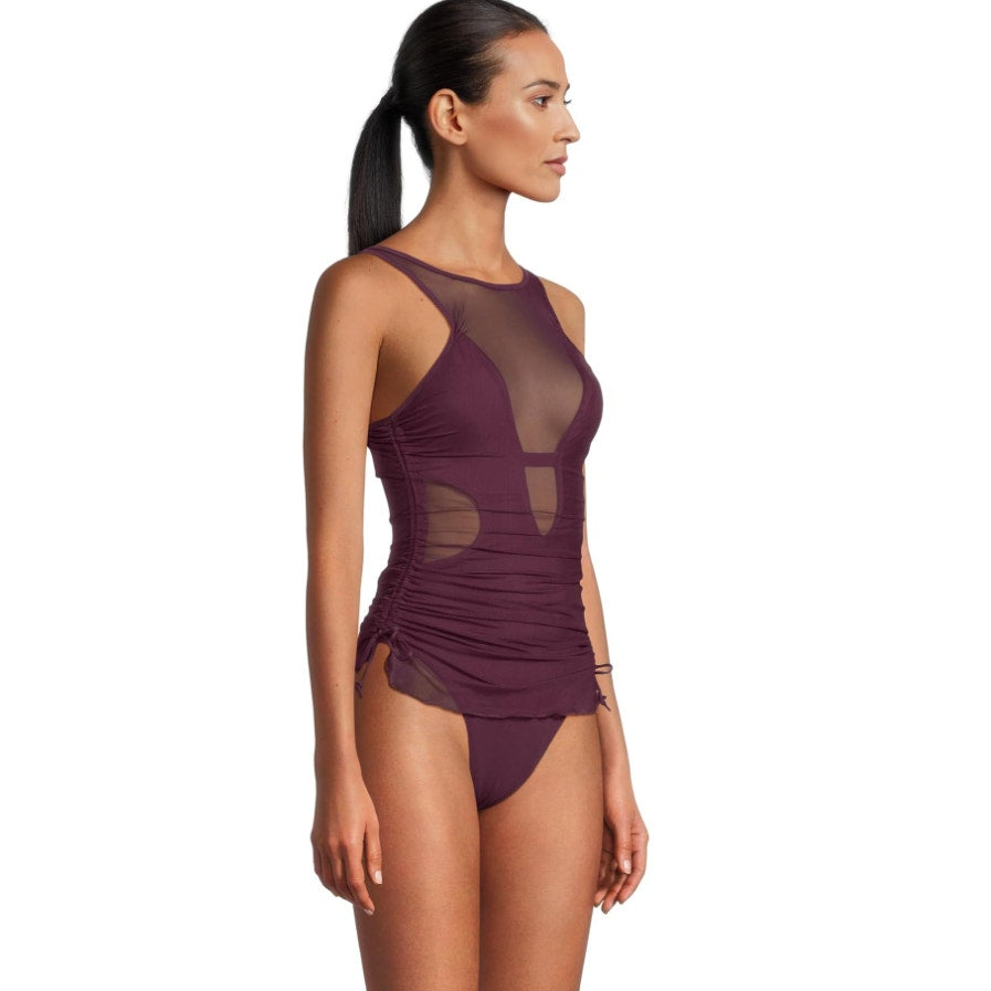 BECCA Muse Macie One Piece Swimsuit Large Purple High Neck Mesh Overlay NWT