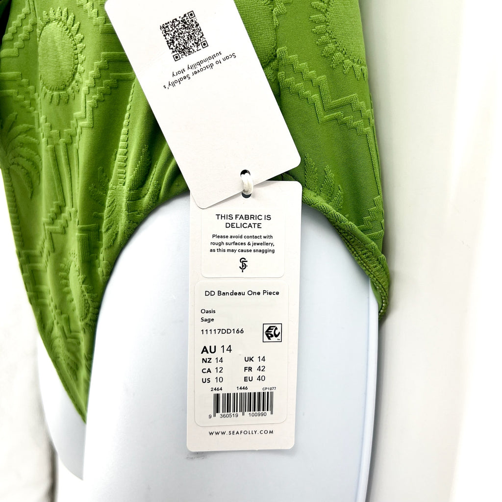 SEAFOLLY Oasis Bandeau One Piece Swimsuit Size 10 DD Sage Green Underwire NWT