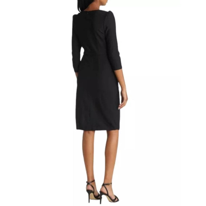 ELIZA J Pleated Faux Wrap Dress Size 14 Black Long Sleeve Knee Length NWT