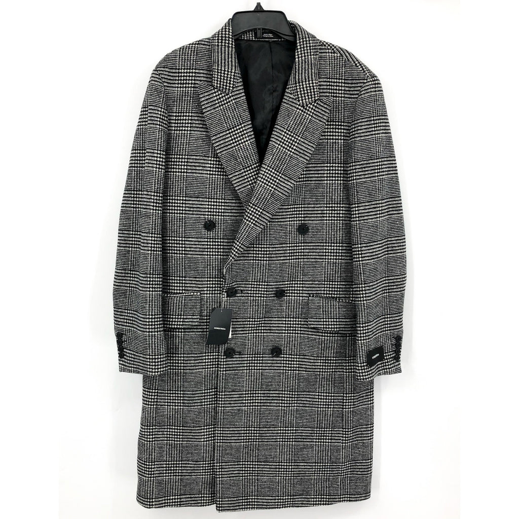 NORDSTROM Mens Overcoat Medium Black White City Glenn Plaid Wool Blend NWT