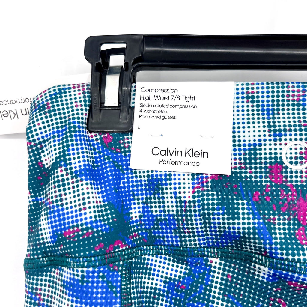 CALVIN KLEIN PERFORMANCE 7/8 Leggings Large Blue Pink Geometric Print NWT