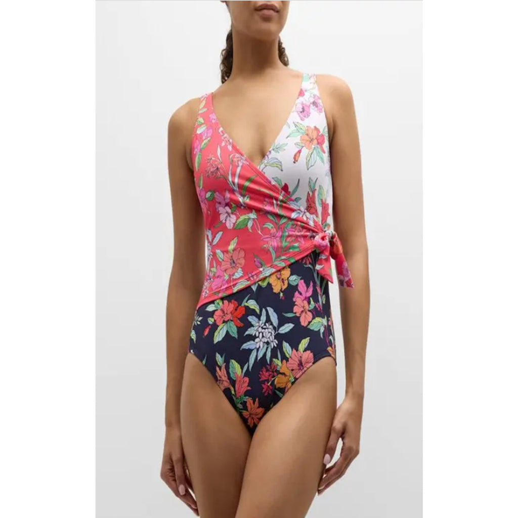 TOMMY BAHAMA Summer One-Piece Swimsuit Size 16 Pink Black Floral Wrap-Front NWT