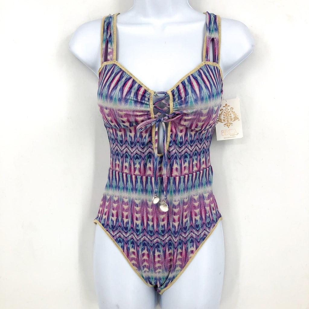 BECCA Women's Standard Tulum One Piece Swimsuit Small Purple Abstract Print NWT