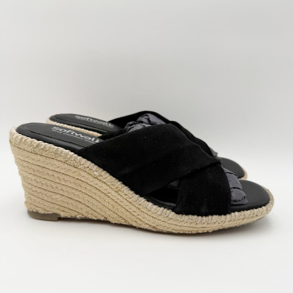 Softwalk Womens Hastings Wedge Sandals Size 7 WIDE Black Suede NIB