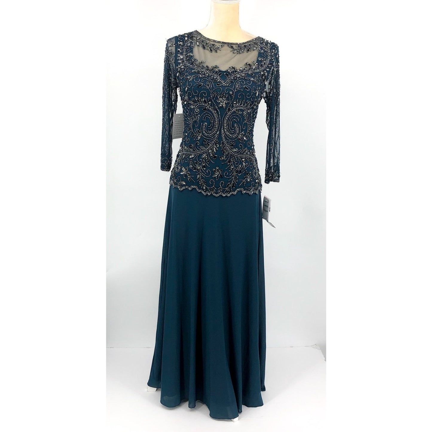 PISARRO NIGHTS Beaded Mesh Gown Size 4 Blue Rich Sapphire Mock Two-Piece NWT
