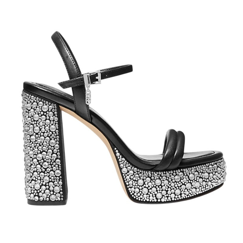 Michael Kors Women Laci Platform Heel Sandal 9.5 Black Leather Embellished NWOB
