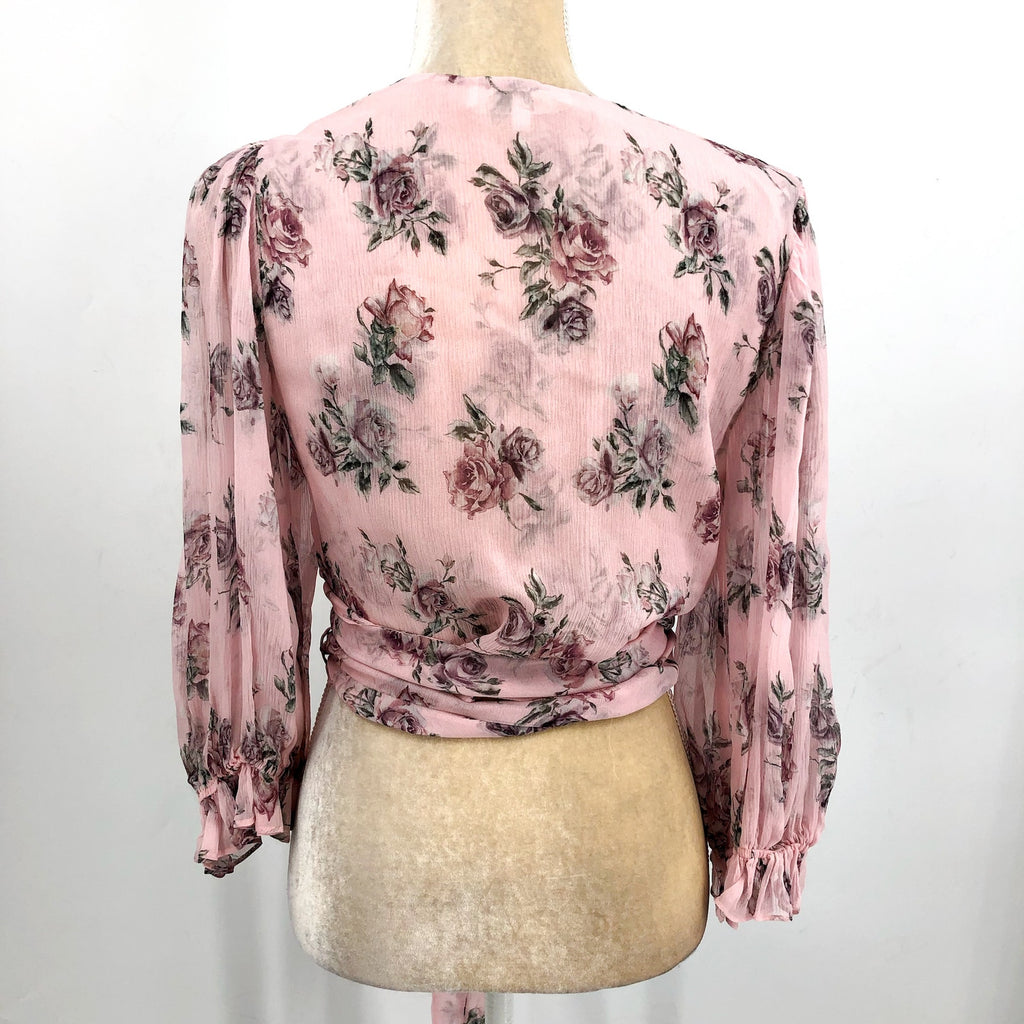 LOVE SHACK FANCY Domino Wrap Top Large Pink Dream Floral Silk Long Sleeve NWOT