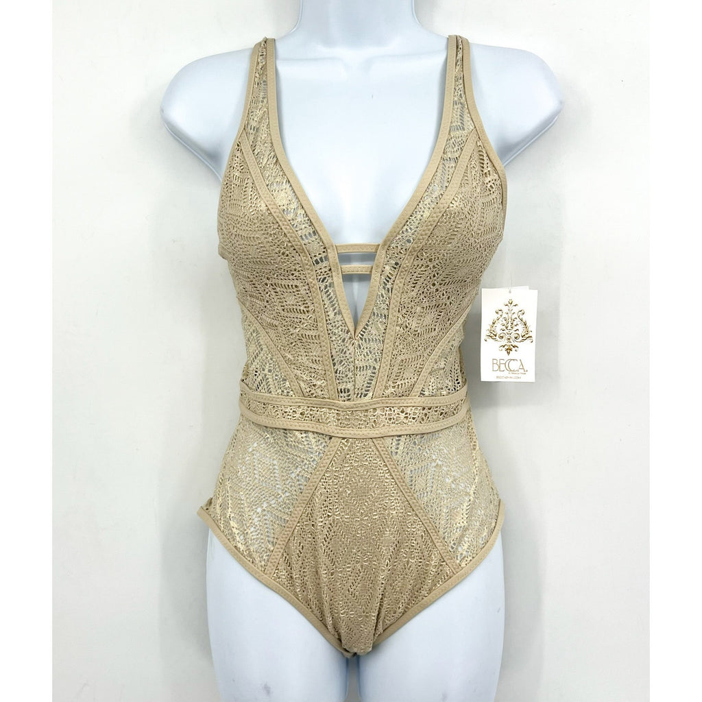 BECCA Women's Polished Crochet Plunge One Piece Swimsuit Small Gold NWT