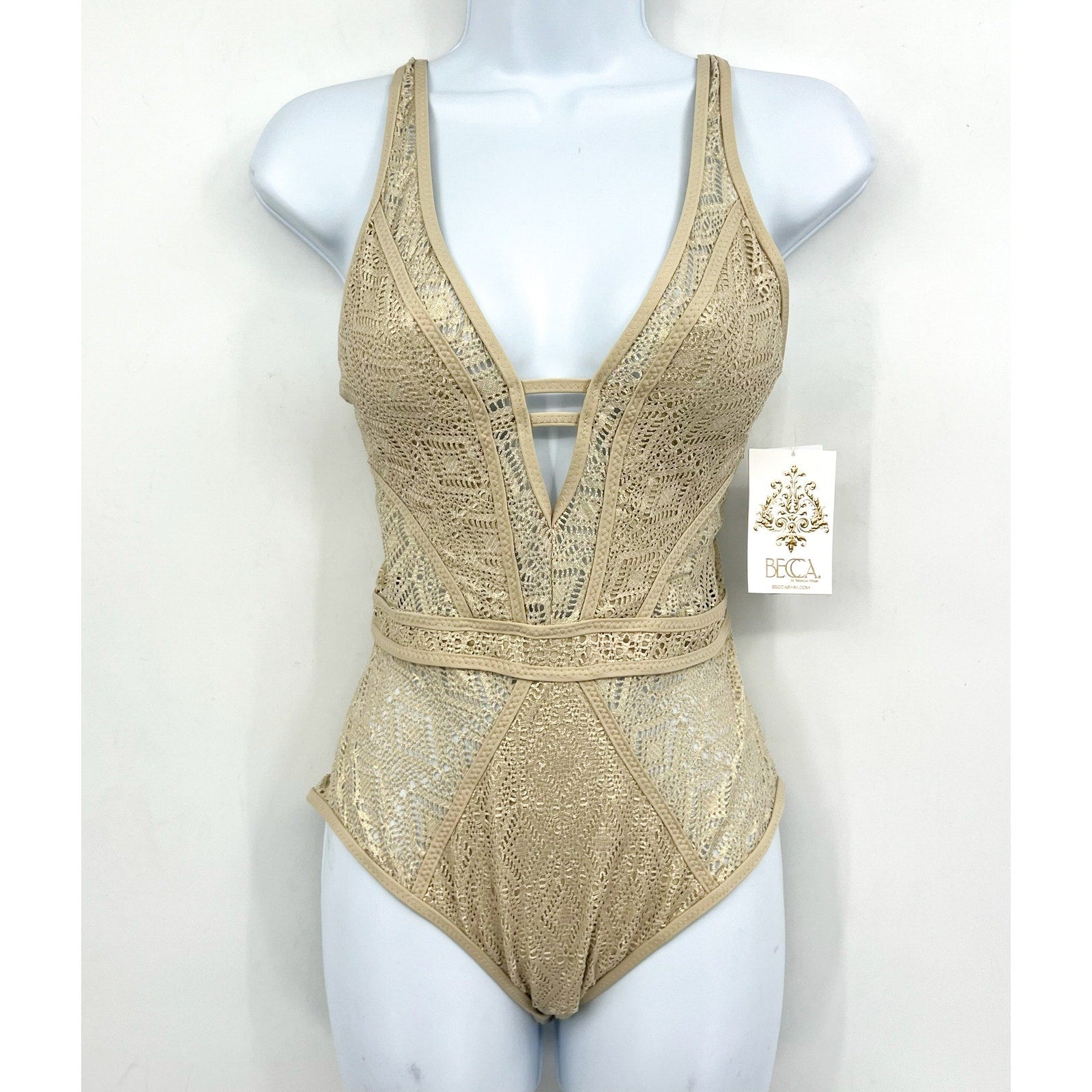 BECCA Women's Polished Crochet Plunge One Piece Swimsuit Small Gold NWT