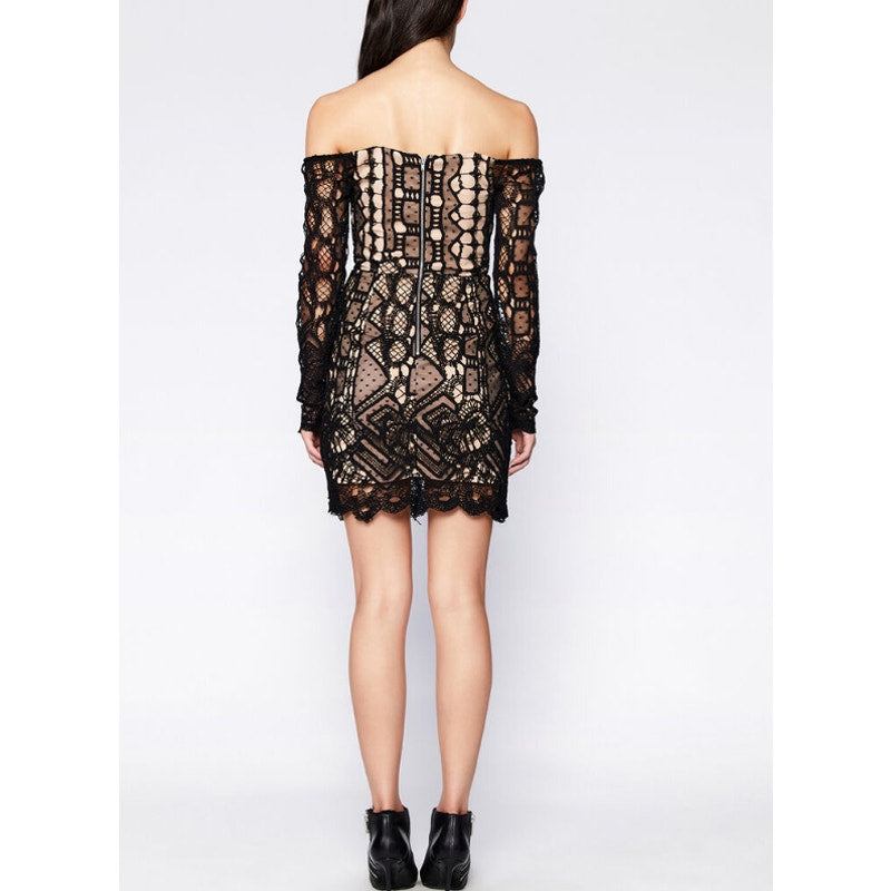 BARDOT Women's Zendaya Mini Lace Dress Large Black Nude Off Shoulder NWT