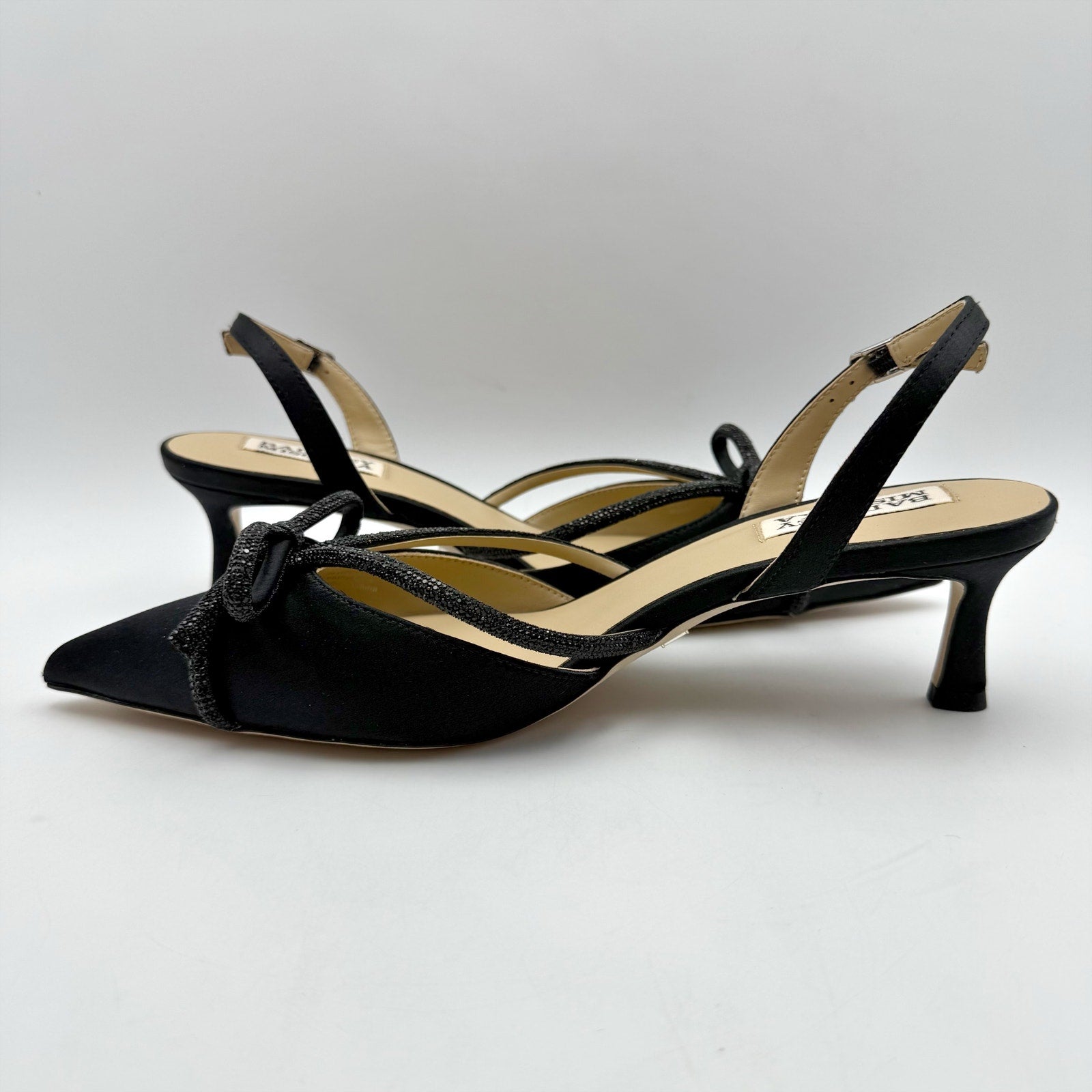 Badgley Mischka Womens Angelina Heels US 7.5 Black Satin Rhinestone Sandals NIB