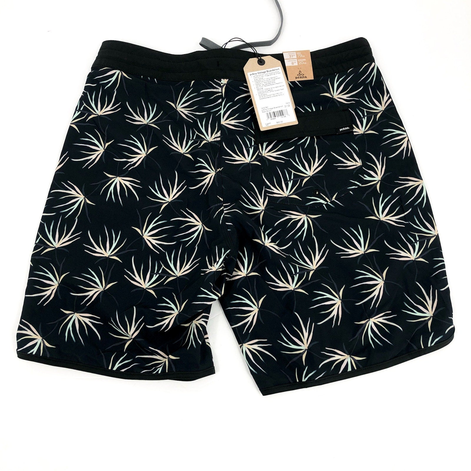 PRANA Men's Vintage Boardshort Size 31 Black Bloom 8" Inseam Drawstring NWT