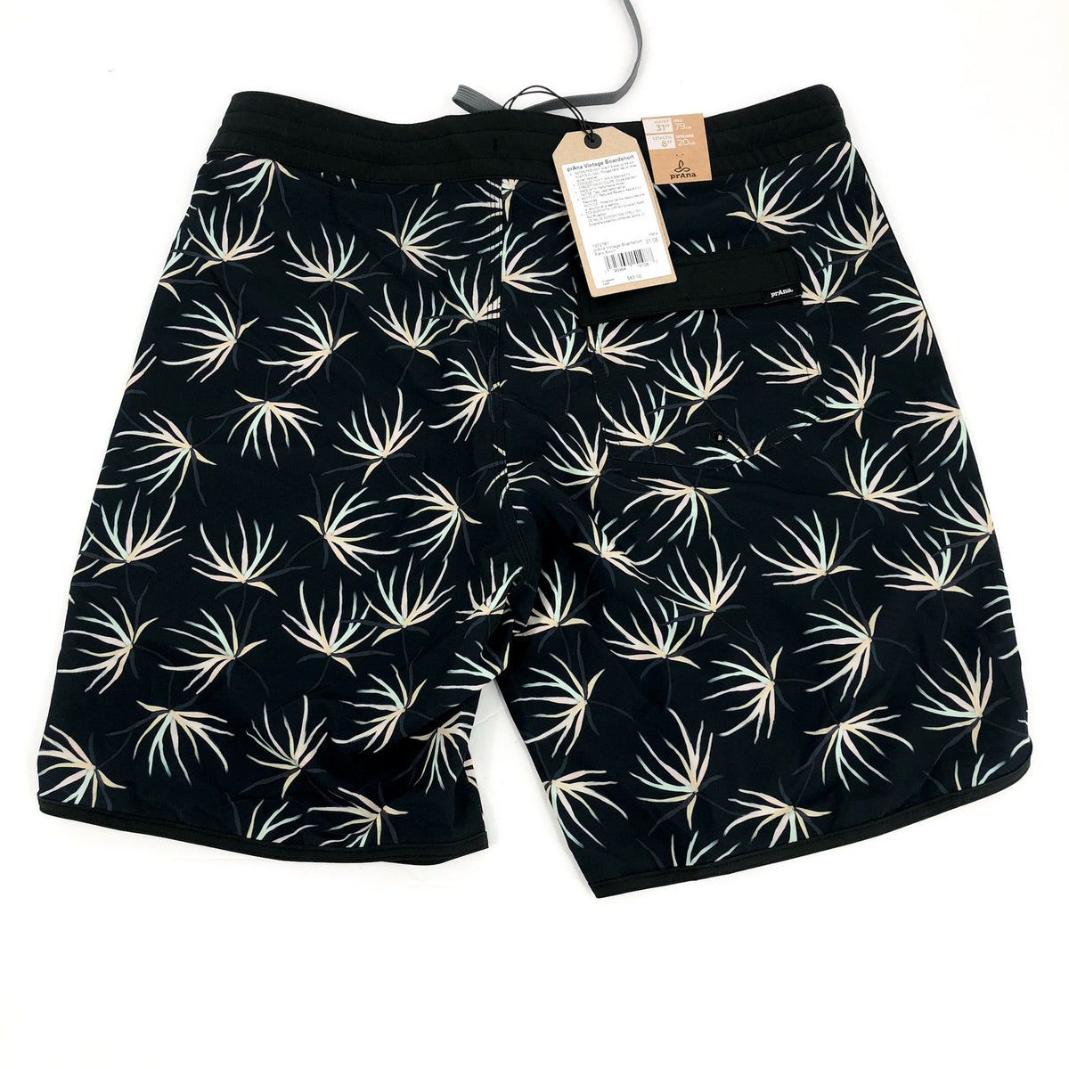 PRANA Men's Vintage Boardshorts Small Black Bloom 8" Inseam Drawstring NWT