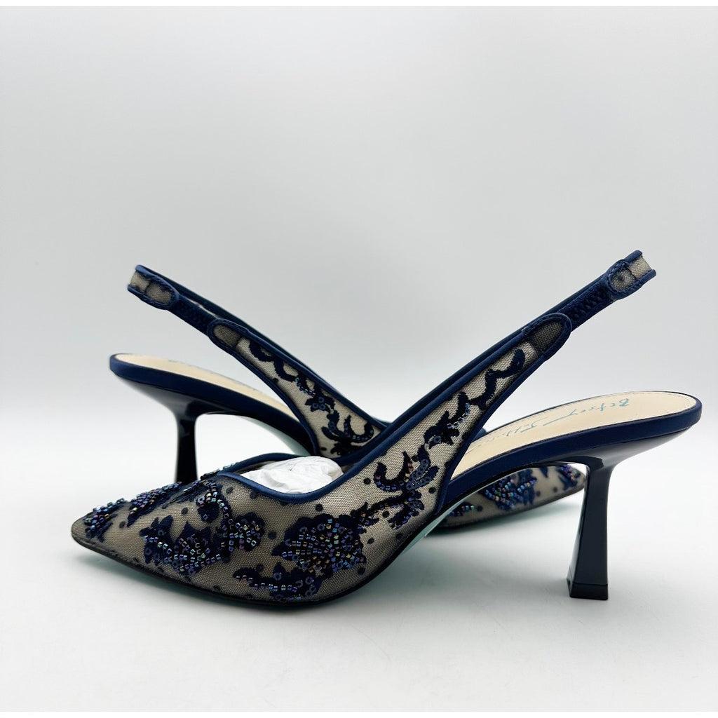 Blue Betsey Johnson Womens Nikki High Heels Size 7 Navy Blue Lace Sling Back NIB