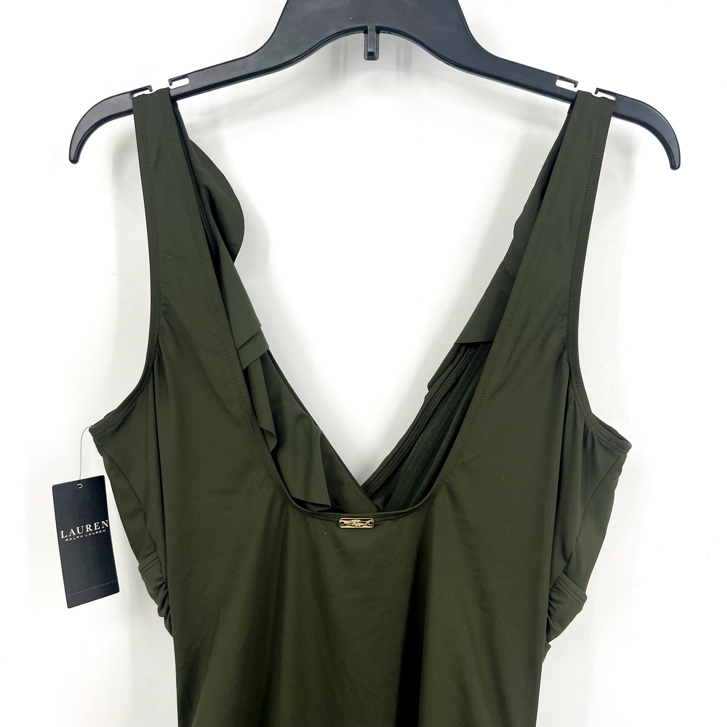 LAUREN RALPH LAUREN Beach Club Ruffle One Piece Swimsuit Size 16 Olive Green NWT