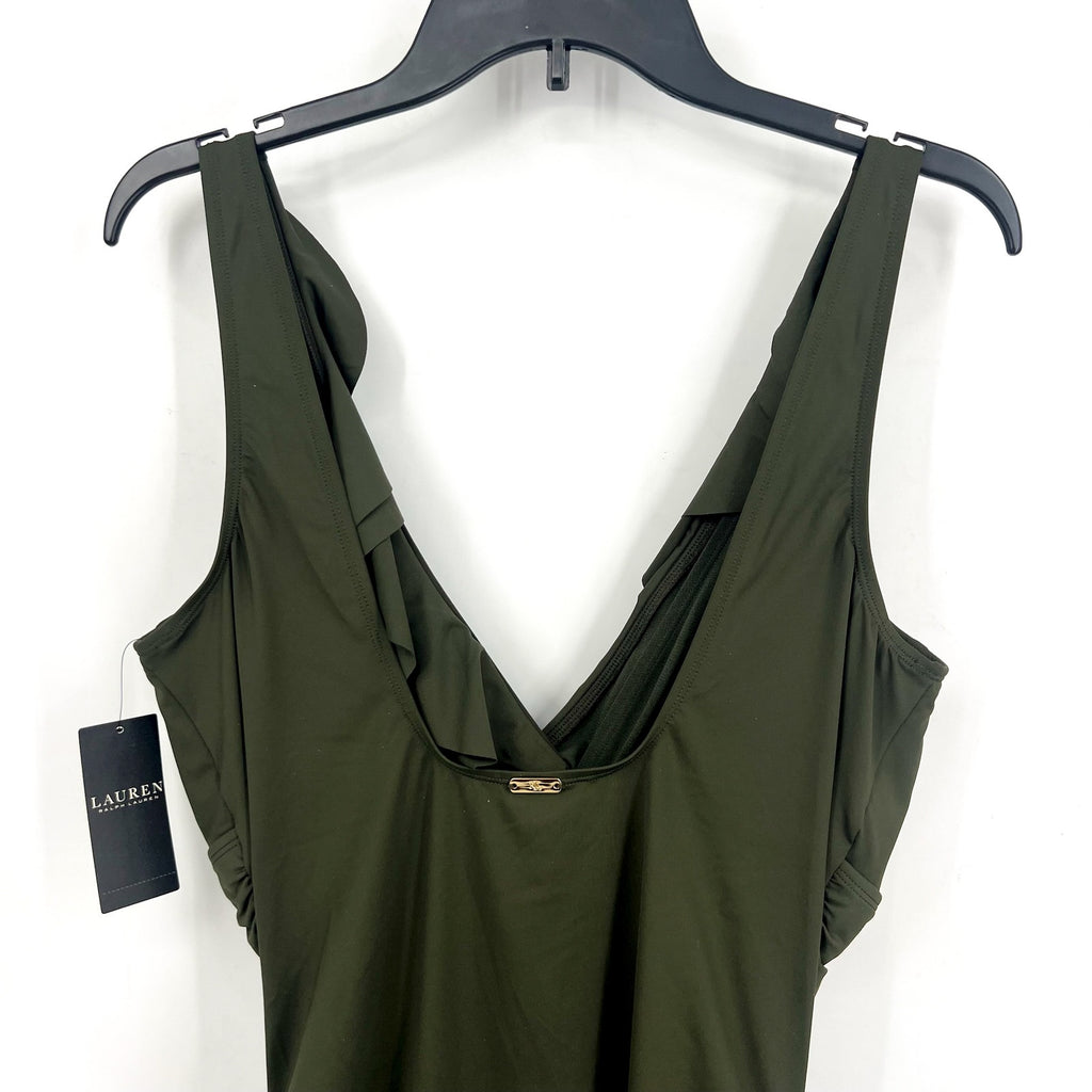 LAUREN RALPH LAUREN Ruffle One Piece Swimsuit Size 16 Olive Green Beach Club NWT