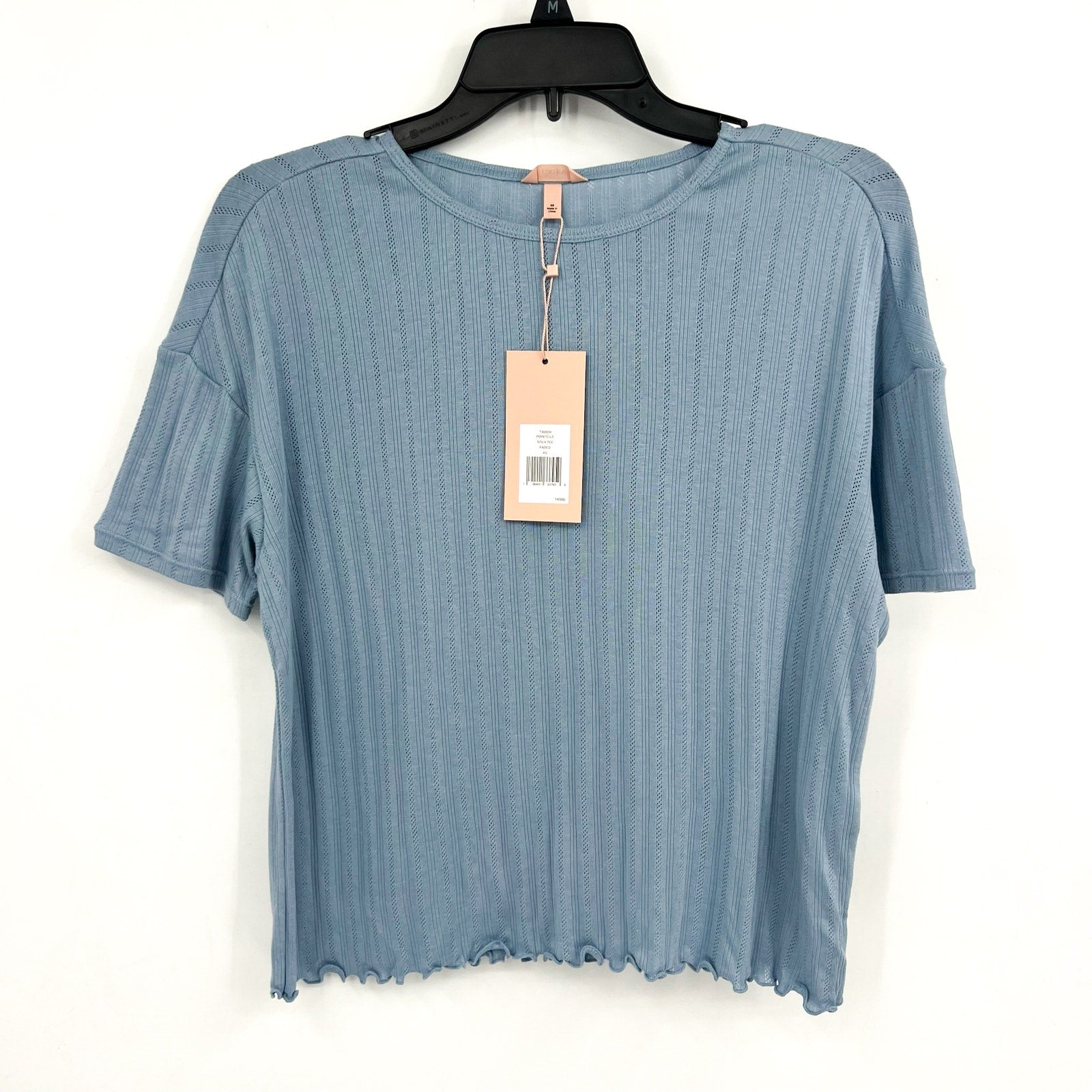 EBERJEY Women's Pointelle Short Sleeve Tee XS Blue Faded Denim Tencel Modal NWT