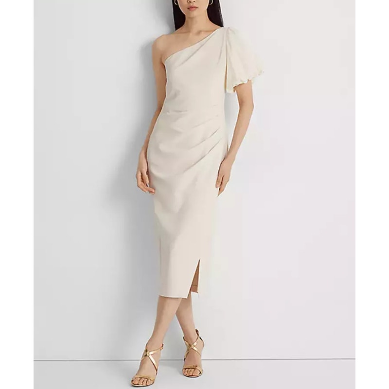 LAUREN RALPH LAUREN Women's One-Shoulder Crepe Cocktail Dress Size 12 Ivory NWT