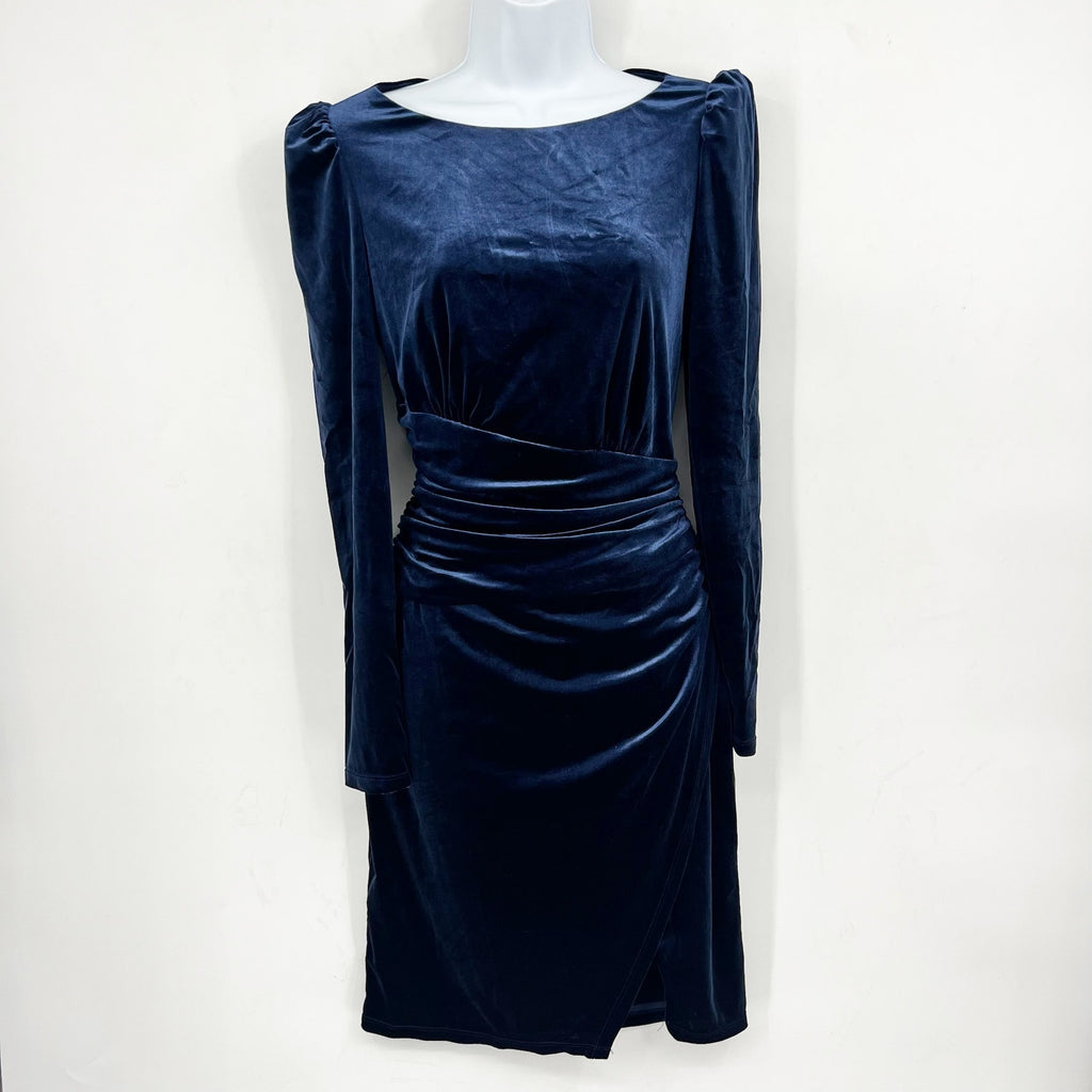 LAUREN RALPH LAUREN Velvet Cocktail Dress Size 2 Navy Blue Ruched Waist NWT