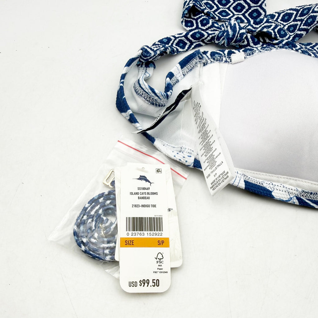 TOMMY BAHAMA Island Cays Bandeau Bikini Top Small Blue White Blooms NWT
