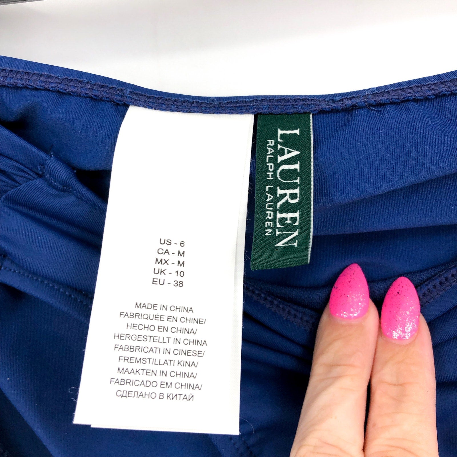 LAUREN RALPH LAUREN Hipster Bikini Bottom Size 6 Navy Blue Shirred Side Tab NWT