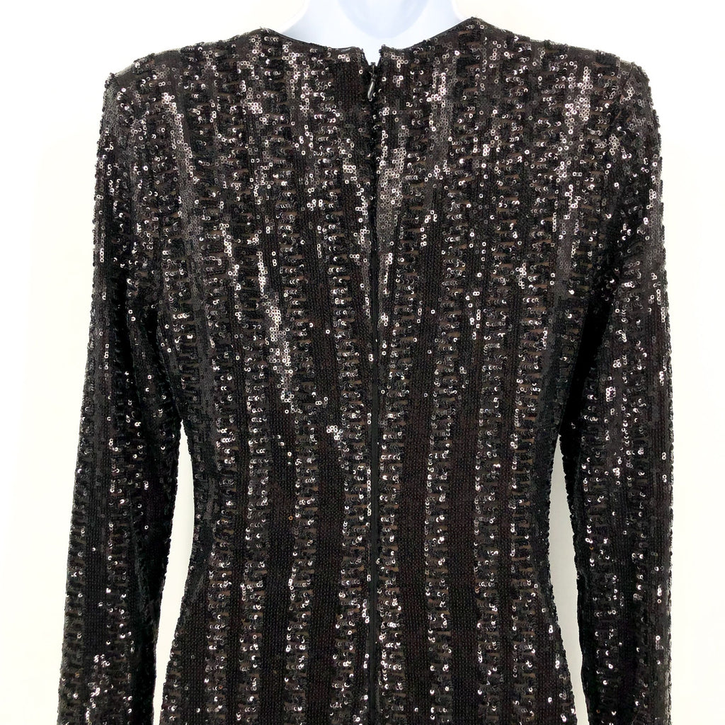Dress The Population Long Sleeve Sequin Midi Dress Small Black Front Slit NWOT