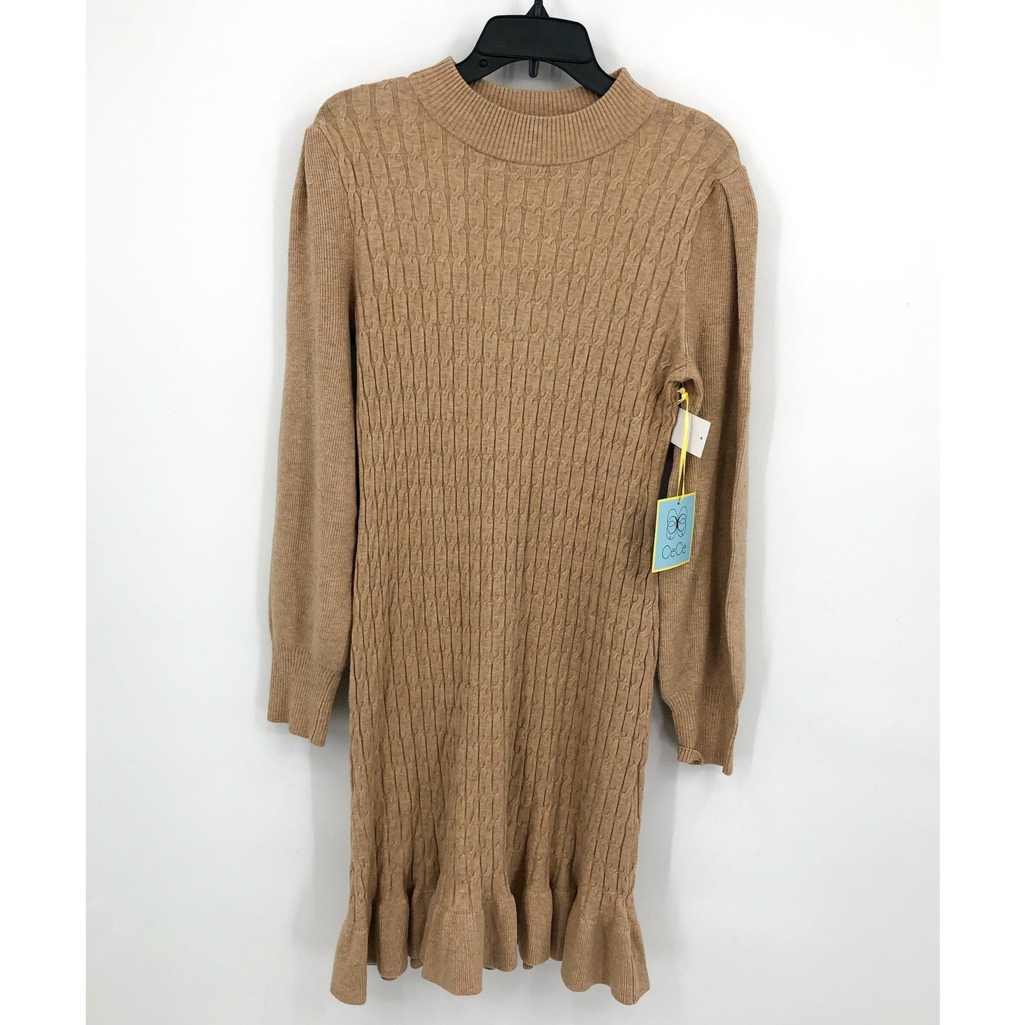 CECE Women's Cable Stitch Sweater Dress Medium Tan Mock Neck Long Sleeve NWT
