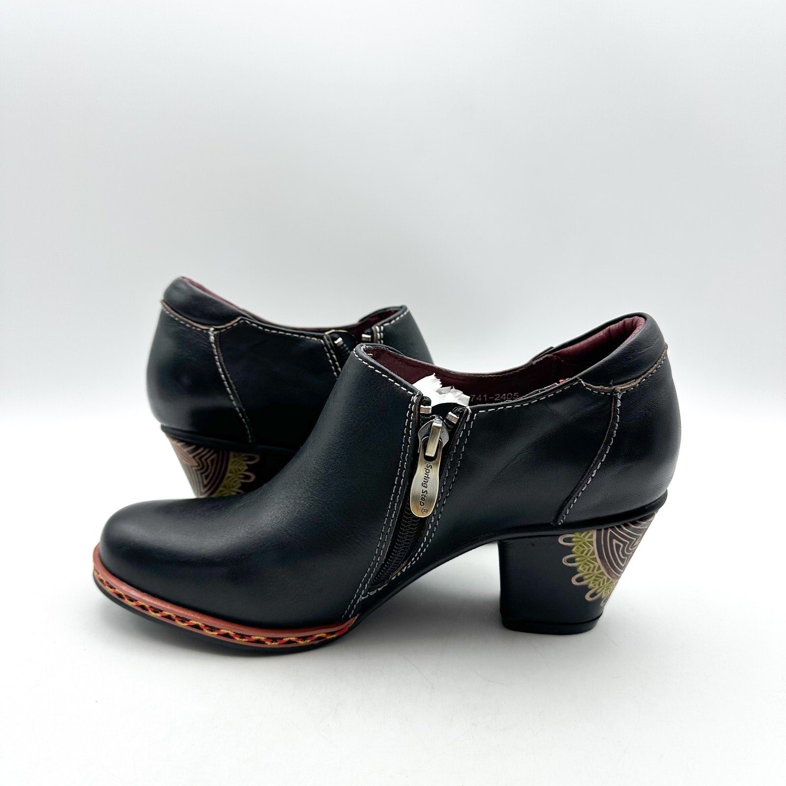 L'ARTISTE Womens Zami Heeled Bootie EU 35 US 5 Black Multi Embossed Leather NWOB