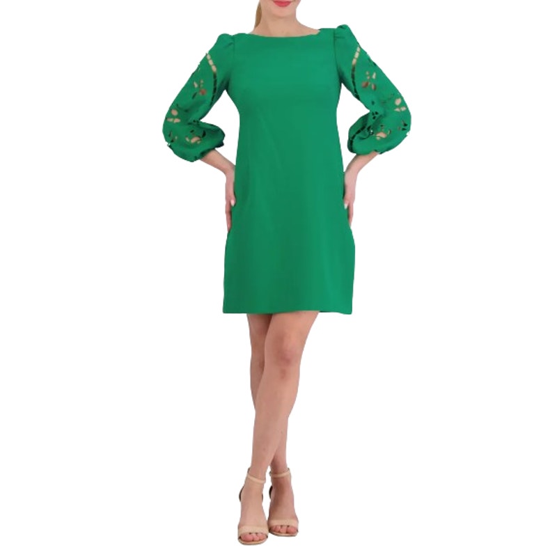 VINCE CAMUTO Women's Crepe Shift Dress Size 2 Green Eyelet Sleeve Cut Out NWOT