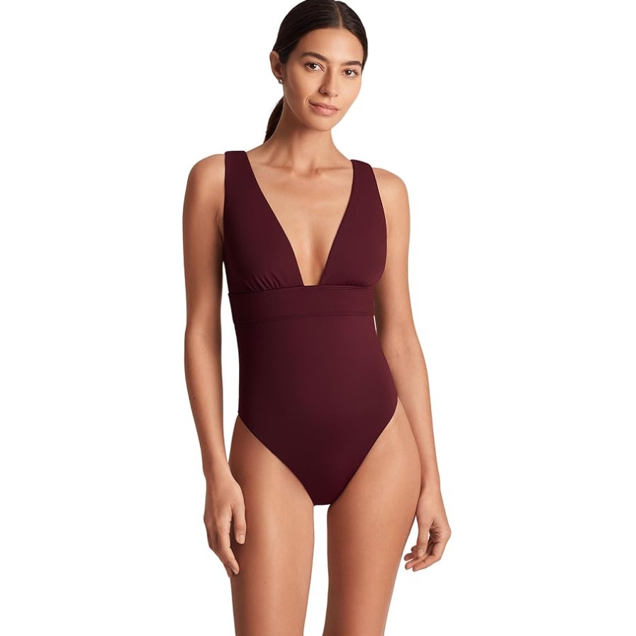 Lauren Ralph Lauren Sculpting V Neck One Piece Swimsuit Size 10 Claret Red NWT