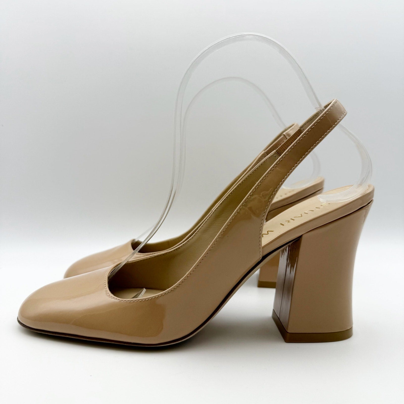 Stuart Weitzman Womens Curve Block Slingback Heels US 8 Nude Patent Leather NWOB
