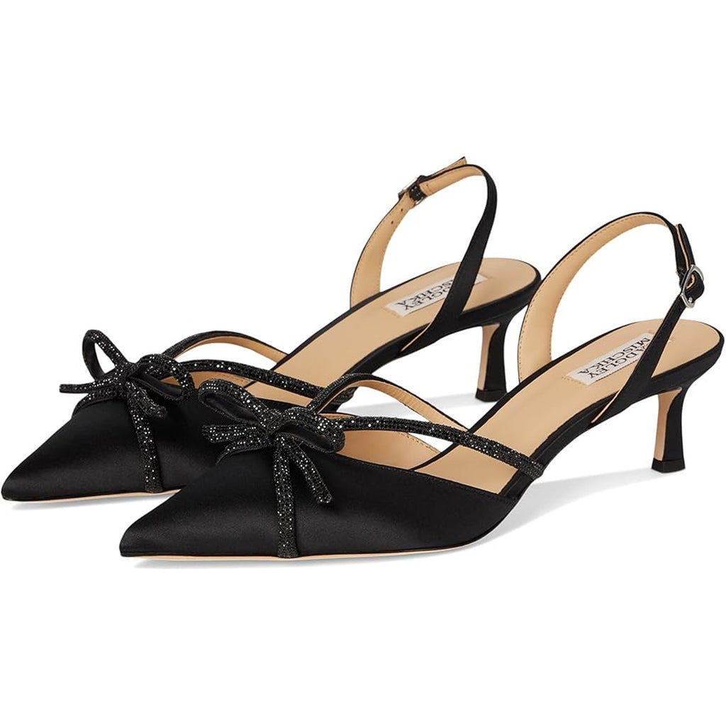 Badgley Mischka Womens Angelina Heels US 7.5 Black Satin Rhinestone Sandals NIB