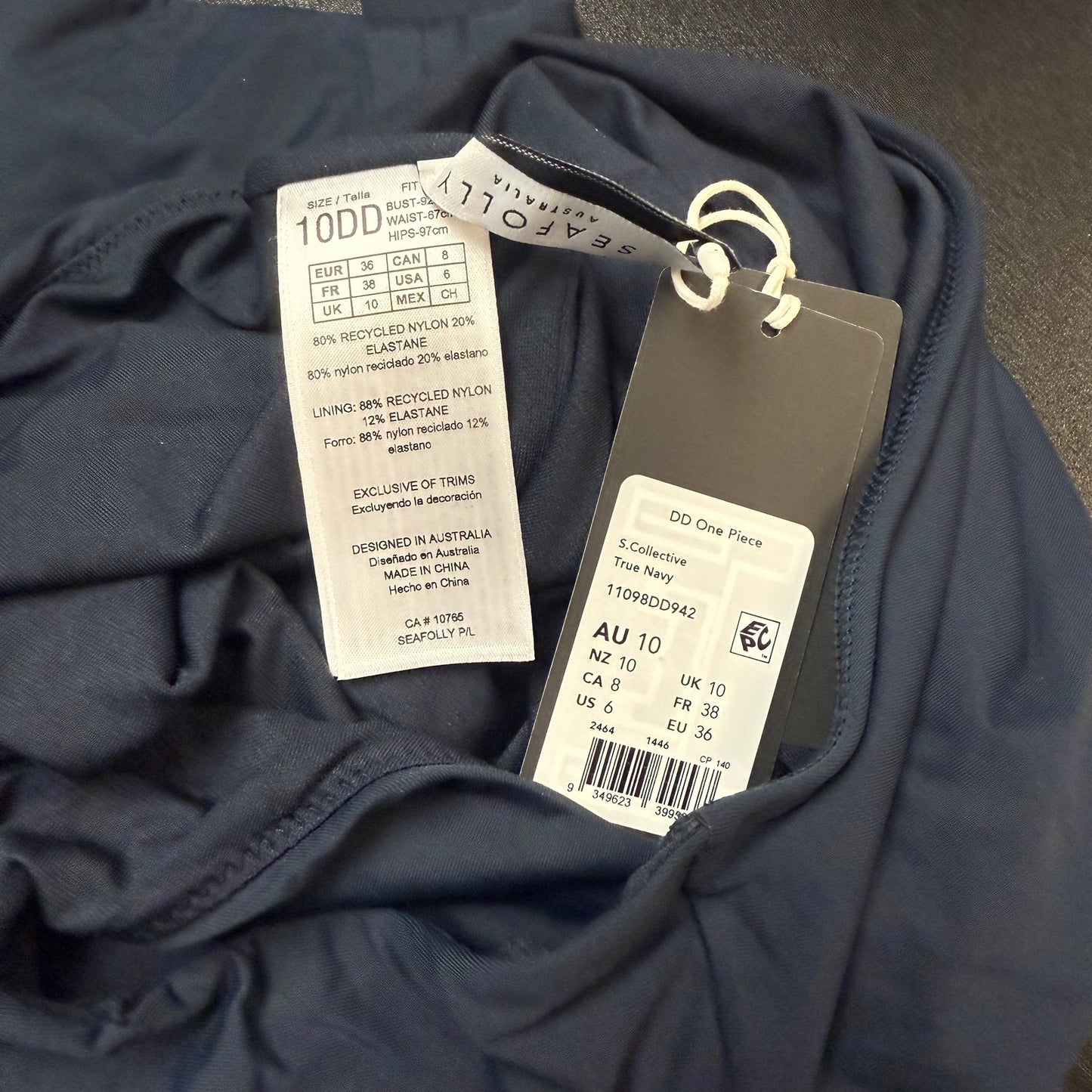 SEAFOLLY Collective DD One Piece Swimsuit Size 6 Blue True Navy Ring