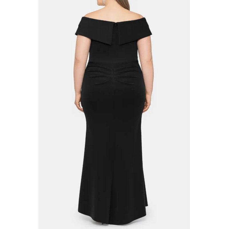 XSCAPE Women's Scuba Off The Shoulder Gown Size 14 Black Ruffle Crepe NWT