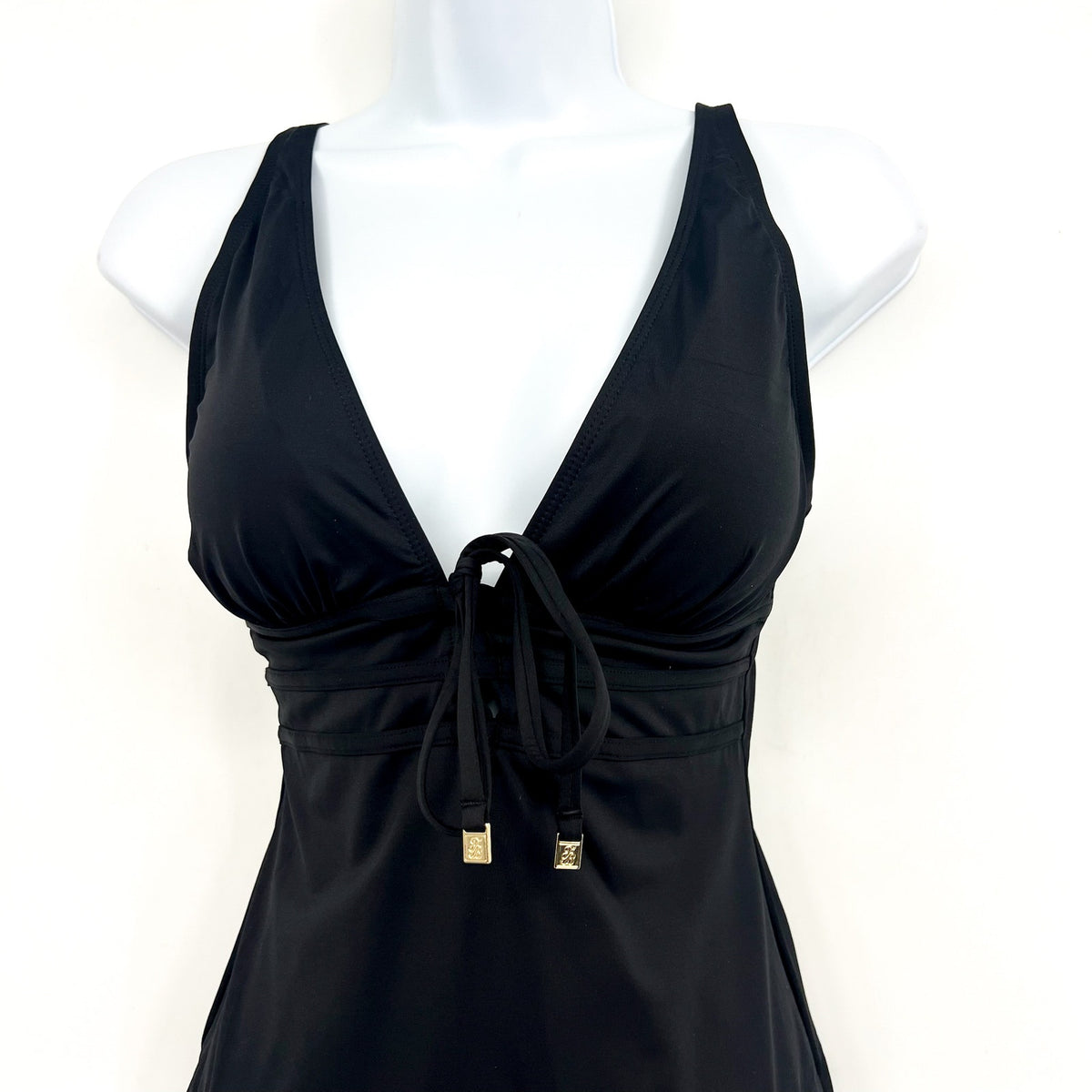 TOMMY BAHAMA Pearl Tie-Front One-Piece Swimsuit Size 6 Black V Neck NWOT