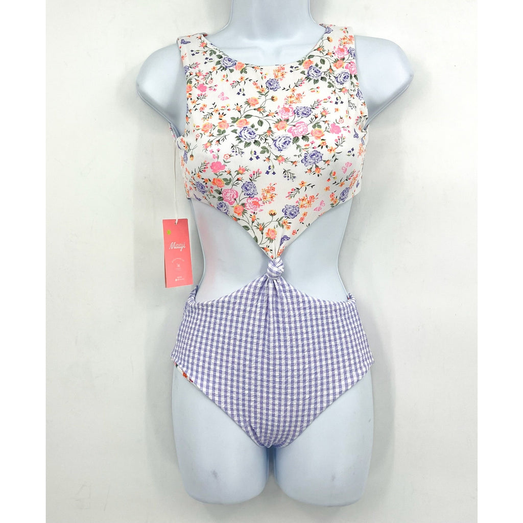 MAAJI Backyard Twist One Piece Swimsuit Girls 12 White Floral Reversible NWT