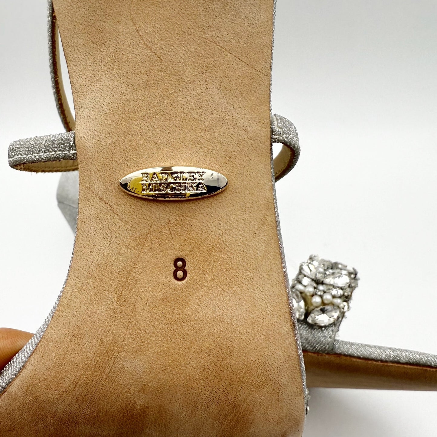 Badgley Mischka Womens Nala Glitter Strappy Heels US 8 Silver Satin NWOB