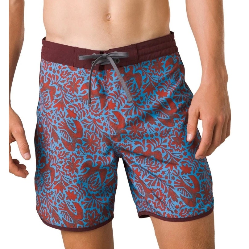 PRANA Mens Vintage Board Shorts Size 31 Blue Red Rust Flora Fauna 6" Inseam NWT