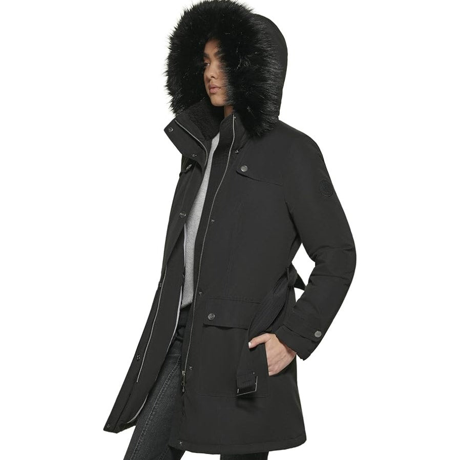 DKNY Women's Faux Fur Hood Anorak Winter Coat XS Black Belted NWT