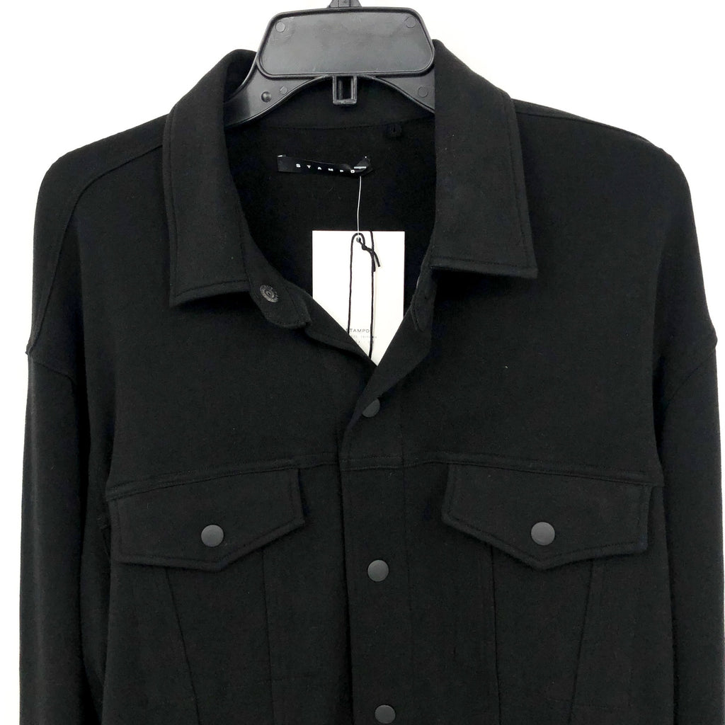 STAMPD Mens Fleece Trucker Jacket Medium Black Button Up Collared Pockets NWT