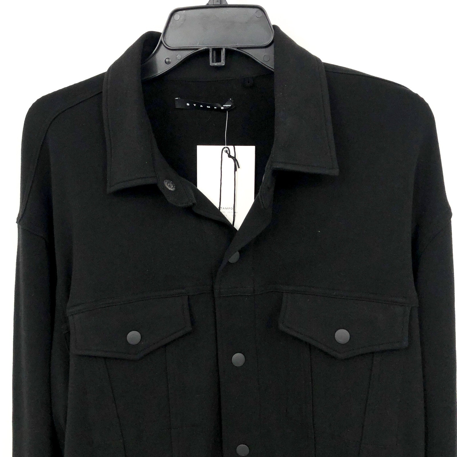 STAMPD Mens Fleece Trucker Jacket Medium Black Button Up Collared Pockets NWT